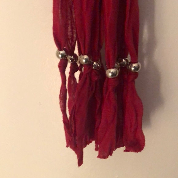 Red Jersey Knit Scarf w/Charms and Beaded Fringe - Picture 3 of 3